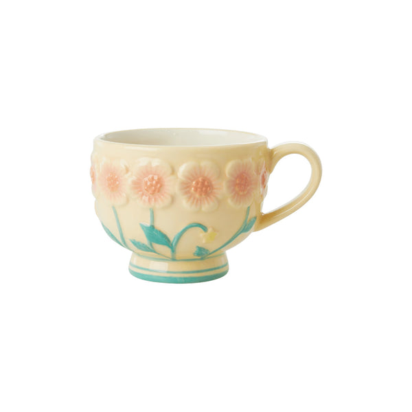 Mug with ceramic relief flowers - Ø 9.8 cm - Cream