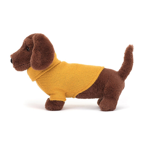 Yellow Sweater Sausage Dog Soft Toy - H 14 cm