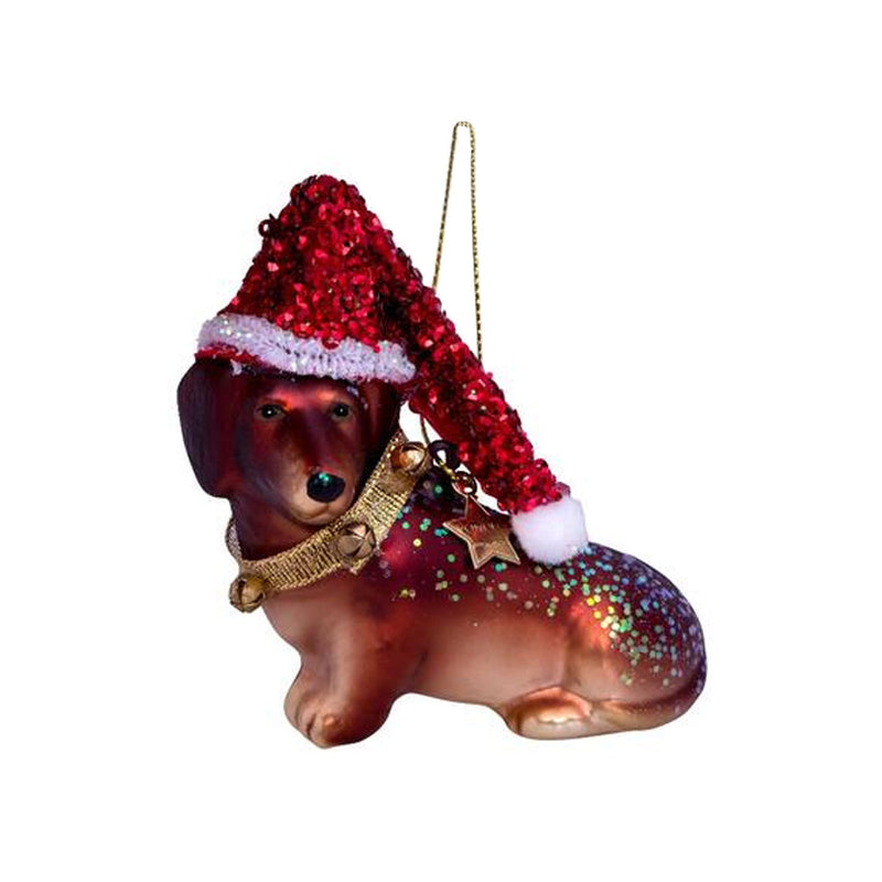 Ornement en verre Petit Teckel avec Chapeau de Noël