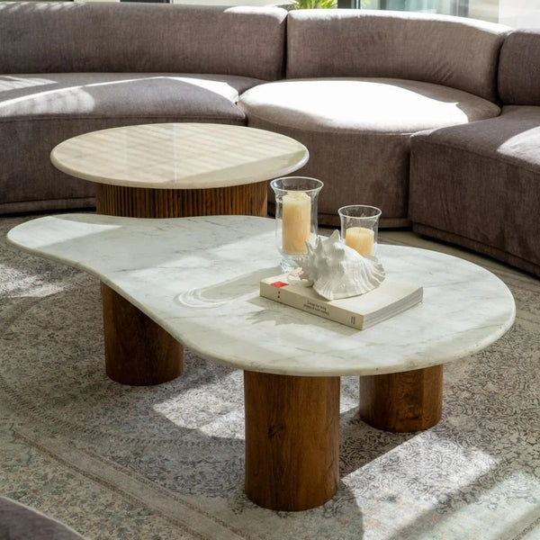 Table basse - Marbre blanc / bois - 135 x 80 x 35 cm