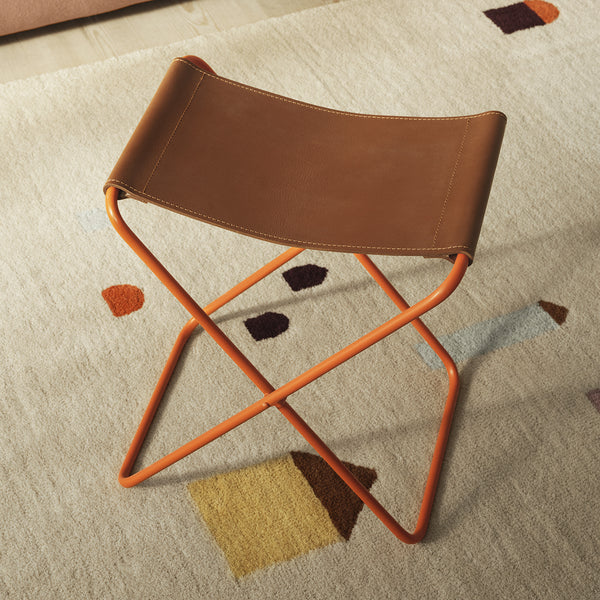 Folding stool Nola leather and iron - 39 x 31 x 45 cm - Pumpkin Orange