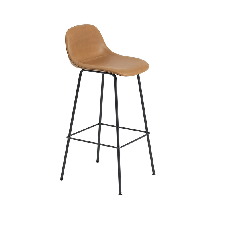 Fiber Tube Black Bar Stool + Cognac Leather Backrest