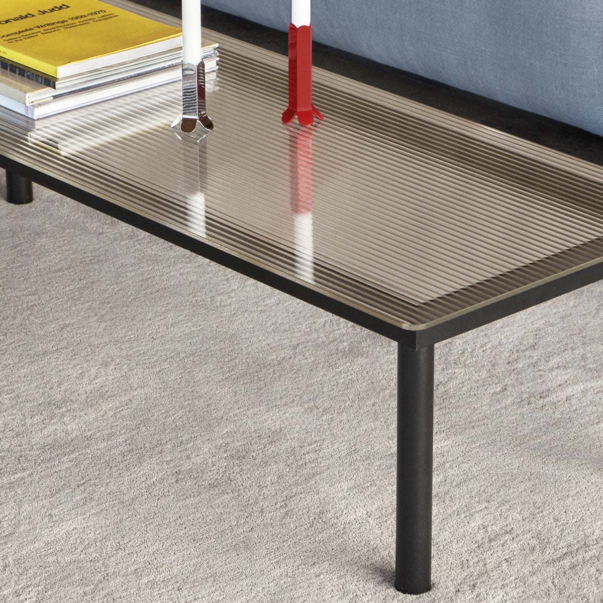 kofi coffee table in black solid oak & clear reed glass