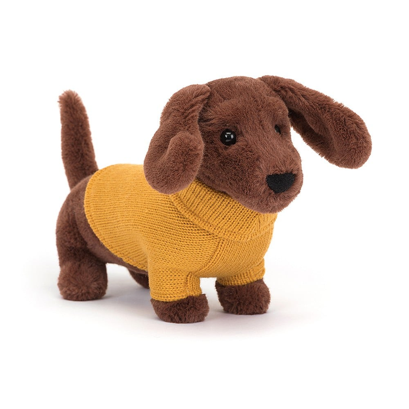 Yellow Sweater Sausage Dog Soft Toy - H 14 cm